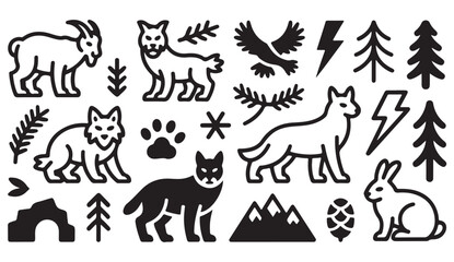 Obraz premium Vector wildlife silhouette collection with forest animals, tracks, pine trees, and rugged nature motifs.