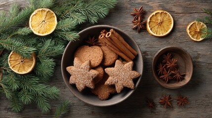 Flat lay of gingerbread cookies with pine branches and spices for cozy holiday gatherings in warm tones