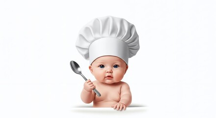 Adorable baby wearing a chef hat and holding a spoon ready to eat, isolated on a white background, studio shot, high angle view