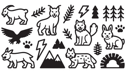 Naklejka premium Minimal black solid wilderness icons featuring animals, trees, mountains, and outdoor adventure elements.