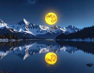Moon over snowy mountains reflected in serene lake
