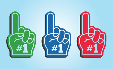 Colorful Foam Fingers Vector Set Featuring Number One Hand Gestures for Cheering, Team Spirit, Celebration, and Supporter Graphics Presented as Bold Sports Illustration Elements