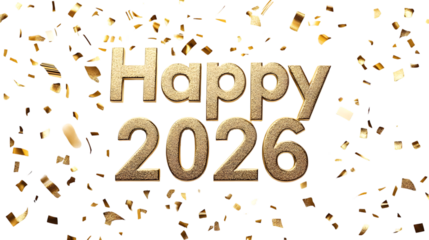Golden happy 2026 text with confetti falling on a black background for new year celebration theme
