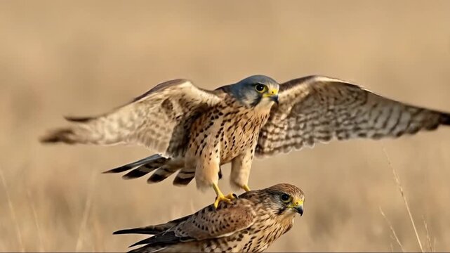 Dynamic Wildlife Moment: Common Kestrel with Wings Spread Perched on Another Kestrel in a Dry Grass Field