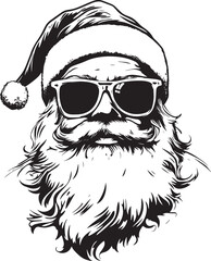 A black and white illustration of a Santa Claus with a beard and mustache, wearing a Santa hat and sunglasses, against a white background.
