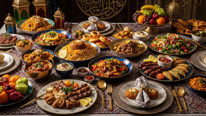 A grand dinner party feast of diverse Middle Eastern cuisine, with abundant traditional dishes beautifully arranged on an elegant table for a festive celebration