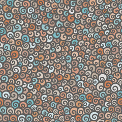 Soft boho swirl seamless pattern with hand drawn curls in faded blue, terracotta and beige tones for cozy decor