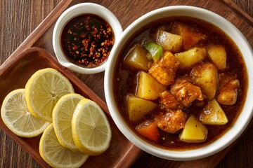 Caldereta served on wooden tray, featuring rich meat stew with chicken, vegetables, black sesame oil, and lemon wedges. Concept of Filipino traditional cuisine experience.