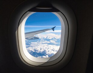 Airplane wing viewed through window above fluffy clouds