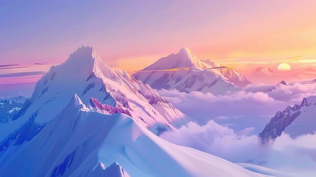 Magnificent snowy mountain sunrise with red sun shining over peaks and soft cloud layers, showing contrast of cool and warm tones in hopeful serene landscape