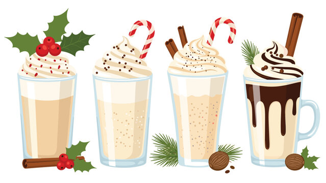 Four festive eggnog drinks with whipped cream and holiday garnishes perfect for winter celebrations