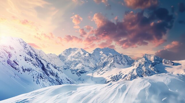 Snow covered mountain range under cloudy colorful sky, showing wind textured snow surface and open landscape with striking contrast of elements