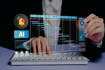 AI project management concept. Hands typing with digital Gantt chart, alert notifications and security dashboard, workflow coordination, efficiency improvement, smart automated planning.