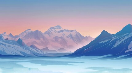 Abstract mountain and lake illustration with serene waters surrounded by peaks against soft orange blue gradient sky, featuring deep blue and hues for tranquil artistic scenery