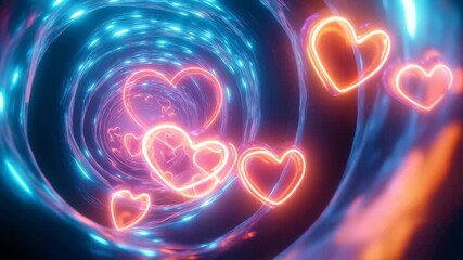 Neon glowing heart shapes traveling through a futuristic blue and orange light tunnel in a dark abstract background 4k video - Powered by Adobe