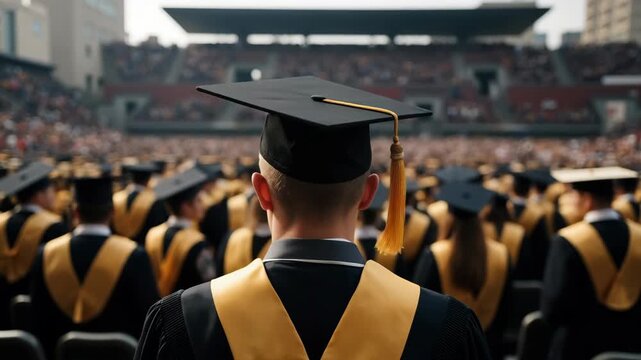 close-up of the back view, man wearing a black and gold graduation cap and gown stands in front of an open-air auditorium filled with other students at their ceremony, blurred background