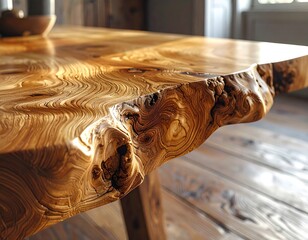 Natural wooden table showing live edge and rich wood grain