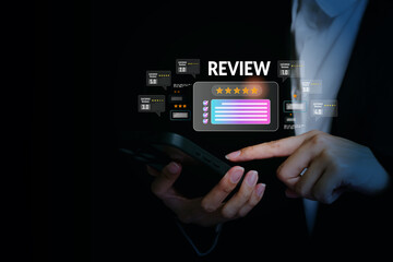 Customer review concept. Hands holding device with digital rating windows, feedback evaluation, satisfaction measurement, performance insight, trust-building through quality assessment.