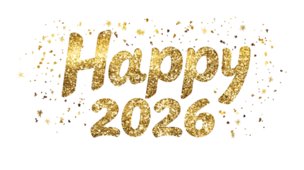 Golden happy year two thousand twenty six text with confetti on a black background design element