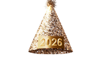A glittering new year's hat with the year 2026 displayed against a dark background celebration