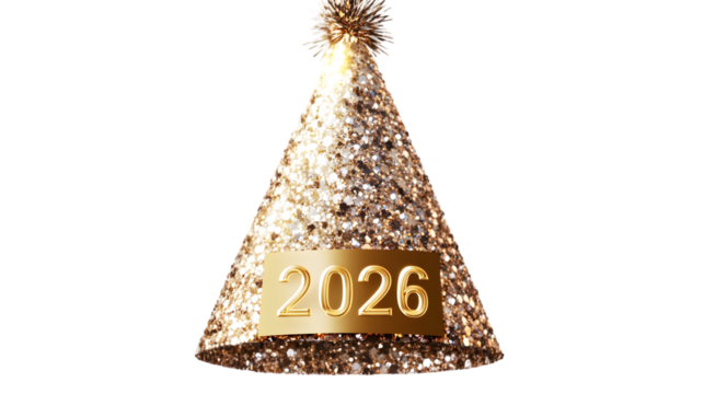 A glittering new year's hat with the year 2026 displayed against a dark background celebration - Powered by Adobe