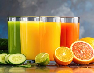 Colorful fresh juice glasses with cut fruit and vegetables