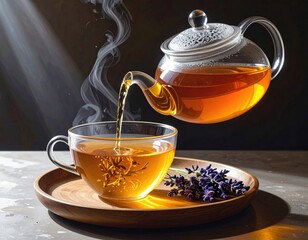 Tea pouring in cup, lavender, serene, and ethereal.