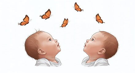 Two Adorable babies looking up at a swarm of butterflies flying in the sky, isolated on white background