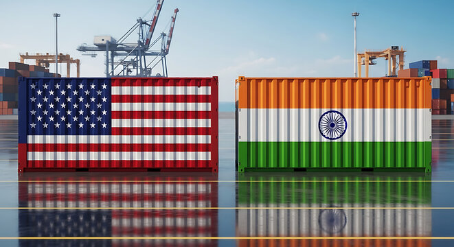 US and India trade containers at port with cranes and global commerce backdrop