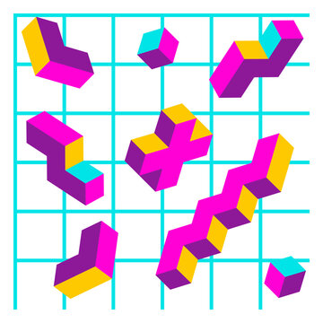 3D geometric shpaes and blue grid