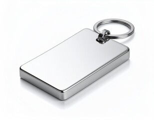 Metallic, rectangle keychain. Sleek and reflective object
