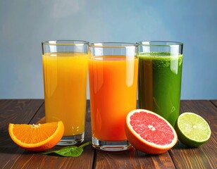 Three glasses of juice with fruit on wood