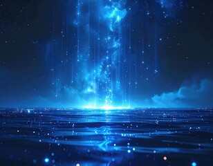 Glowing blue light descends on shimmering, dark water