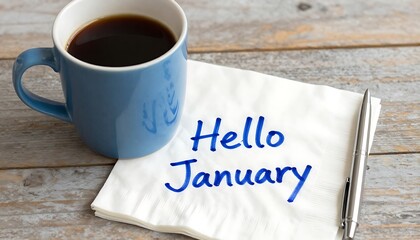 A cup of coffee and a napkin with the words hello january on a table