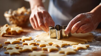 Hands cut star-shaped cookies from dough in warm kitchen light during baking activity