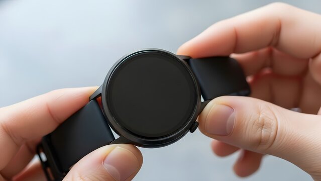Close-up of hands holding an unbranded smartwatch with blank screen, clean tech-style photo. - Powered by Adobe