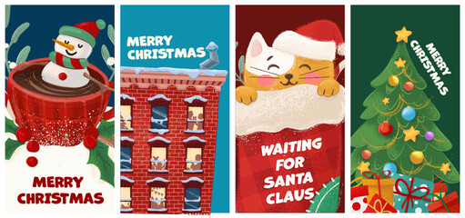 Set of Christmas greeting graphic banners with snowman, stocking, kitten, palace,