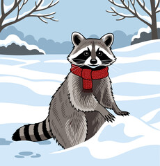 Fototapeta premium Raccoon wearing red scarf sitting in snow-covered landscape 