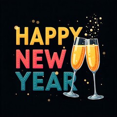 Festive happy new year wishes with champagne glasses on a black background