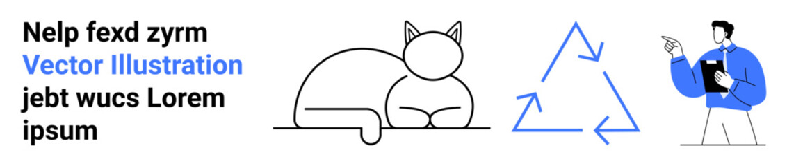 Sustainability, recycling, education, animal care, minimalism, analysis. Line drawing of a cat, recycling arrows and a man holding a clipboard. Recycling and sustainability concept