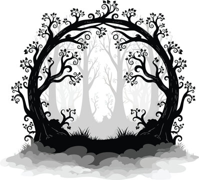 Mysterious enchanted forest arch silhouette with foggy landscape