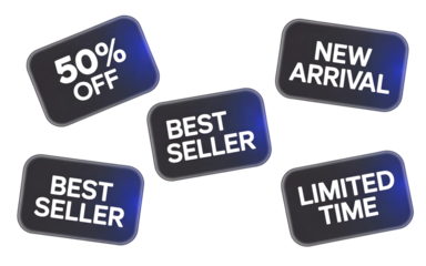 Collection of five sale and promotion tags isolated on transparent background