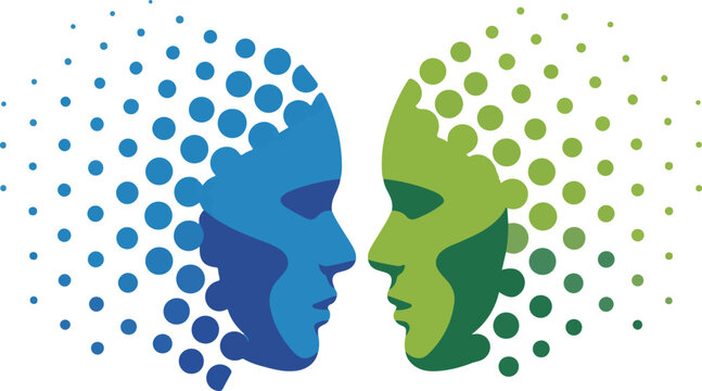 Two abstract faces dissolving into dots facing each other