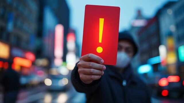 Caution and awareness in the digital age. Risk assessment in cybersecurity by holding up an exclamation mark sign. Navigating online threats with vigilant strategies.
