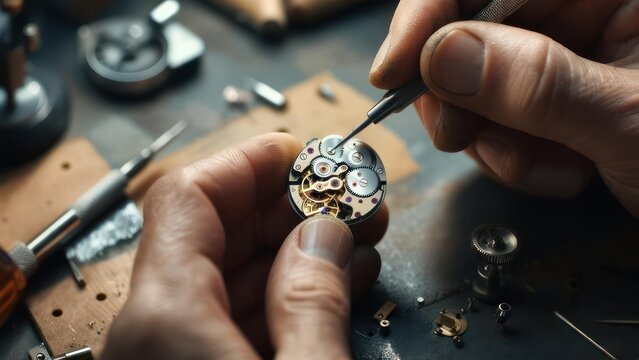 Watchmaker repairing a vintage watch movement