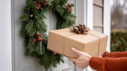 Hands place package on front porch with Christmas wreath in background during holiday season