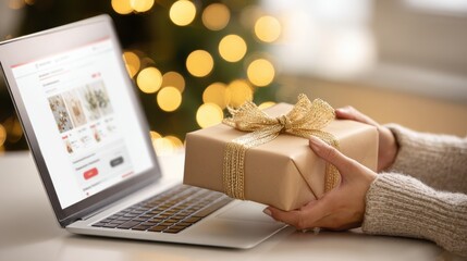 Hands place a wrapped Christmas parcel next to a laptop with an online store checkout page while warm lights glow in the background