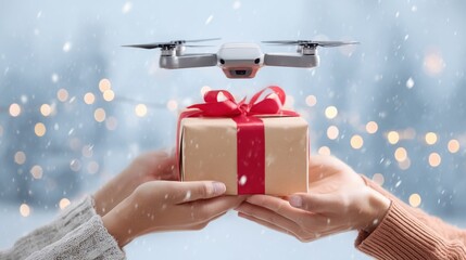 Hands reach up to catch holiday parcel from small drone with ribbon in snowy scene with glowing lights