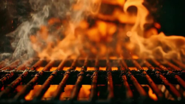 Flames from the grill and charcoal briquettes