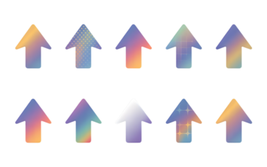 Collection of iridescent gradient arrows pointing upwards isolated on transparent background